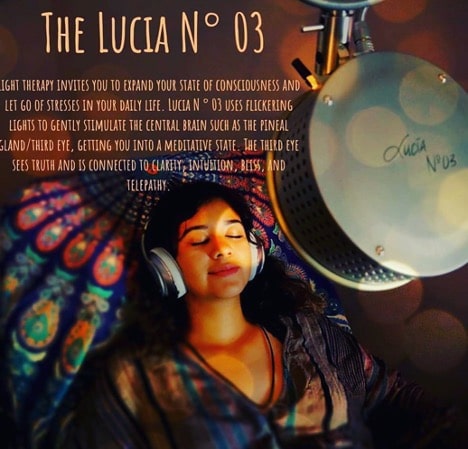 The Lucia N°03. Light therapy invites you to expand your state of consciousness and let of stresses in your daily life. Lucia N°03 uses flickering light to gently stimulate the central brain such as the pineal glad/third eye, getting you into a mediative state. The third eye sees truth and is connected to clarity, intuition, bliss, and telepathy.